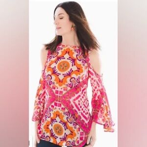 Chicos Europa Vibrant Cold Shoulder Top Sz 2
